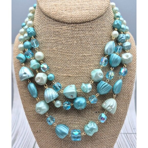 Vintage Aqua Blue Multistrand Collar Necklace Japan Signed Hook Clasp Crystals - Picture 6 of 9